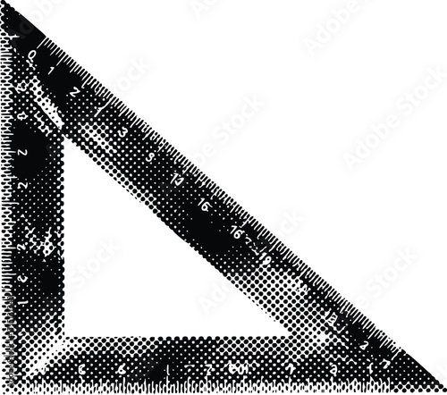 Black and white image of a right triangle ruler for geometry and math. grunge halftone style