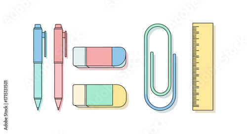 Collection of colorful office and school supplies icons. Flat line art illustration of stationery essentials for creative projects and study