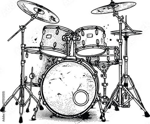 Set of drums, drum kit, musical instrument, percussion, drumsticks, drum set. grunge halftone style