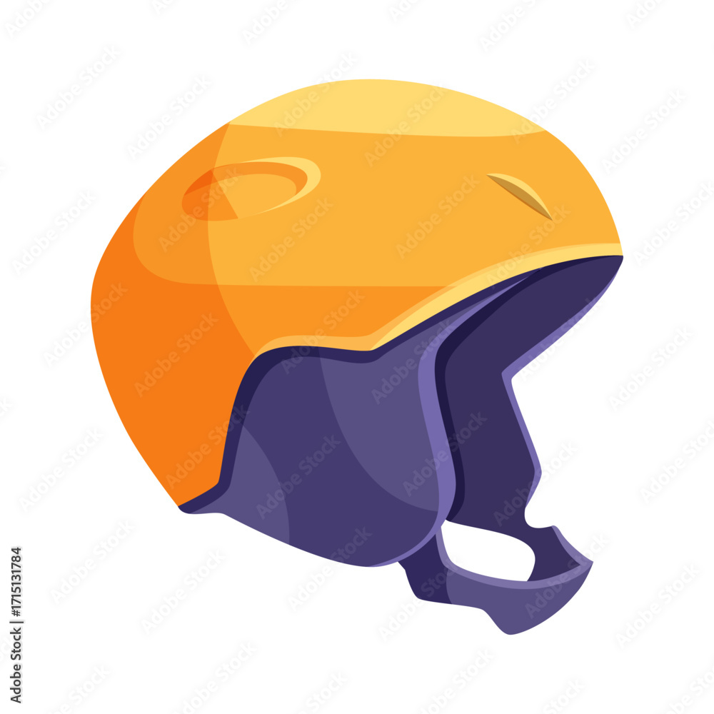 Naklejka premium Bright orange and purple motorcycle helmet shown in cartoon graphic style on white background. Concept of safety, travel and sports gear. Vector illustration