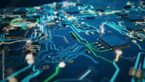 Animated circuit board with glowing electric paths and sparks  