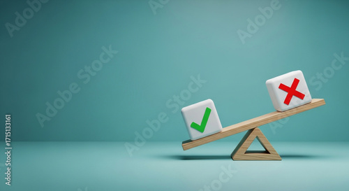 Right vs Wrong Decision on Balance Scale, Green Check and Red Cross