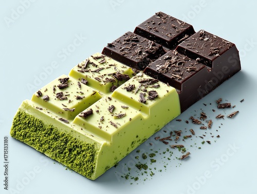 Isometric view of chocolate bar with matcha filling, flat vector illustration, simple design