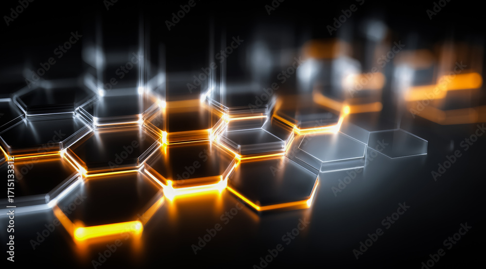 Obraz premium Close up of a hexagonal pattern with a yellow hue. The pattern is made up of small squares and is illuminated