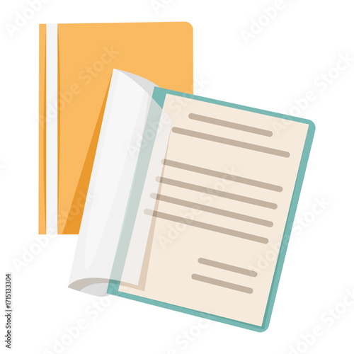 Open and closed document folders with paper sheets, flat graphic style, isolated on white background. Concept of office and document storage. Vector illustration
