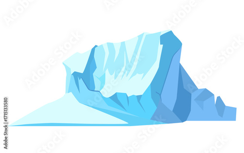 Large floating iceberg with angular surfaces and deep crevices in flat style on white background. Concept of arctic landscape. Vector illustration
