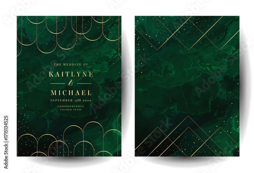 Classic emerald marble stone surface vector design backgrounds. Dark green geode wedding invitations. Precious gem card texture. Golden glitter art. Malachite save the date. Elegant luxurious template