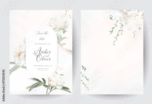 Silver sage and white flowers vector round frames. Creamy beige and dusty white peony, eucalyptus. Wedding spring floral. Pastel watercolor marbled background. All elements are isolated and editable