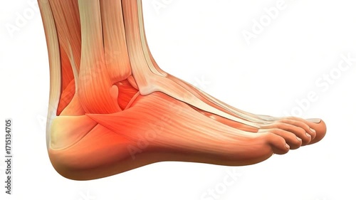 Detailed anatomical illustration of a human ankle and foot, showcasing ligaments and tendons with inflamed areas highlighted in red against a white background, demonstrating injury or pain; a 3D