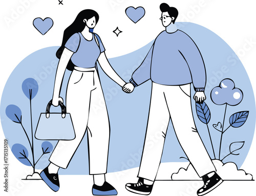 Flat Isometric Couple Holding Hands in Romantic Walk Vector Illustration