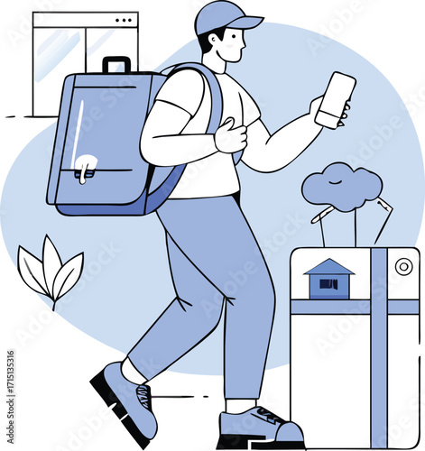 Flat Isometric Online Food Delivery with Courier and Bag Vector Illustration
