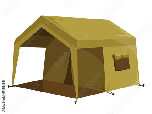 Brown outdoor camping tent with an open entrance and side window flap, flat cartoon style on white background. Concept of travel and shelter. Vector illustration