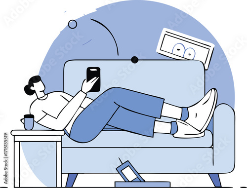 Flat Isometric Person Relaxing on Sofa with TV Remote Vector Illustration