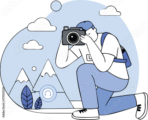 Flat Isometric Photographer Taking Pictures with Camera Vector Illustration
