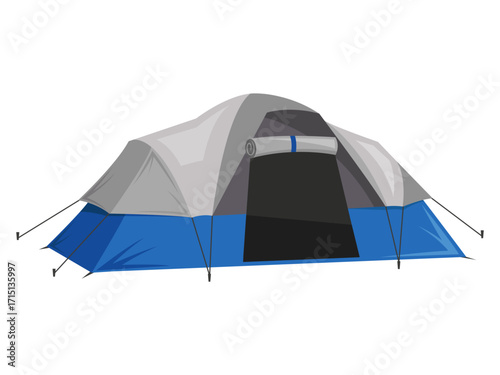 Blue and gray camping tent with a rolled mat shown in a flat style on a white background. Concept of travel, hiking, and outdoor camping. Vector illustration