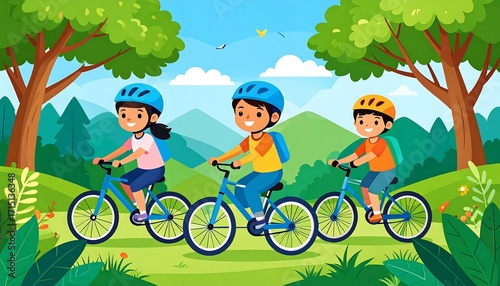 Happy children cycling through a lush green landscape