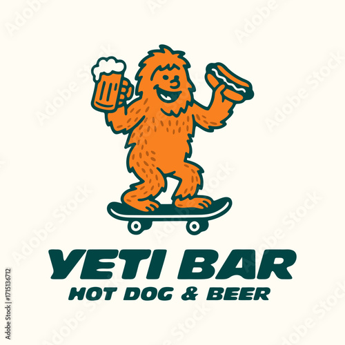 Yeti on a skateboard with a hot dog. Vector logo for a bar or restaurant.