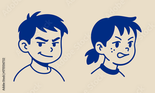 Angry school kids – boy and girl faces in modern vector line art. Edgy character design for prints and merch.