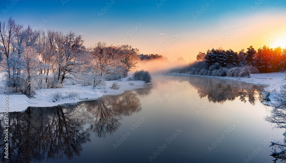 Fototapeta premium A Winter Landscape With A River Reflecting The Sunrise And Snow Covered Trees On The Banks Of The River