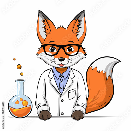 Clever Fox Scientist: A smart cartoon fox, sporting glasses and a lab coat, stands proudly alongside a bubbling beaker, symbolizing scientific curiosity and the pursuit of knowledge.