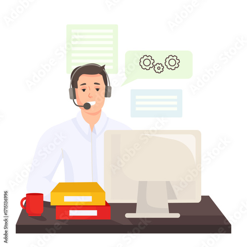 Male support agent with headset at desktop, speech bubbles and folders on white background. Concept of customer service. Vector illustration