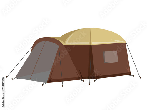Brown and beige camping tent with extended canopy, flat graphic style, isolated on white background. Concept of outdoor adventure. Vector illustration