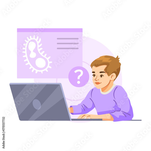 A young boy studies microbiology on a laptop with a display of a microbe and question mark symbol, cartoon style on white background. Concept of online education. Vector illustration