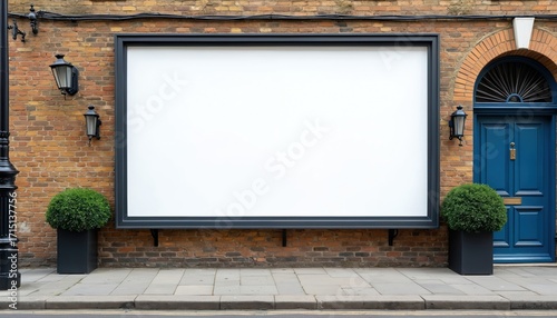 Large white billboard on brick wall in London street. Blank display area for advertisement. Vintage style building exterior with blue door, street lamps, and green bushes. Urban scene for promotion.