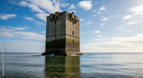 Wallpaper Mural Ancient Stone Tower Standing Proudly in the Calm Ocean Waters Under a Blue Sky. Torontodigital.ca