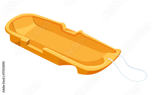 Bright yellow plastic snow sled with a pull rope, cartoon style, isolated on white background. Concept of winter sports fun. Vector illustration