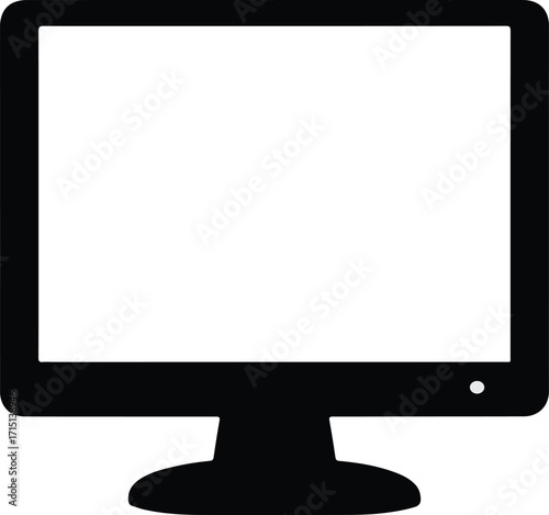 Simple black silhouette of a modern computer monitor displaying a blank white screen on a stand
