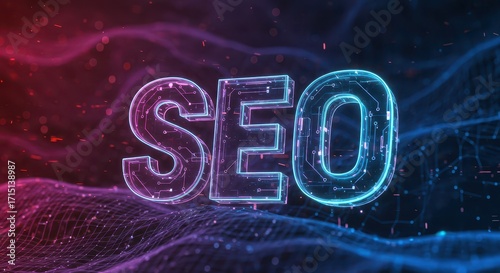 SEO: Bold, luminous letters spelling SEO hover amidst an ethereal backdrop of flowing digital currents, designed to resonate with digital marketing audience.