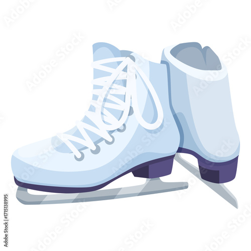 Two white ice skates with laces, flat graphic style, isolated on white background. Concept of winter sports and recreational skating. Vector illustration