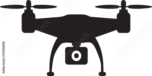 Silhouette of a modern quadcopter drone with a camera mounted underneath isolated on a white background