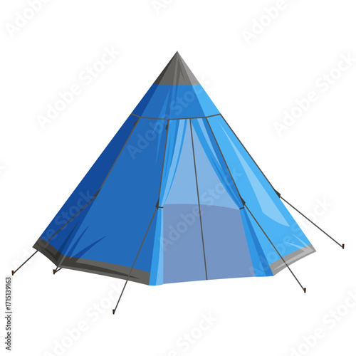 Blue pyramid-shaped camping tent with support ropes, cartoon style on white background. Concept of outdoor travel and camping. Vector illustration