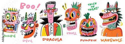 Hand drawn style halloween doodles featuring halloween monster characters