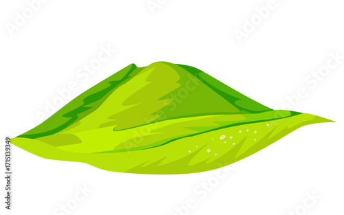 Bright green matcha powder pile shaped like a leaf, stylized in flat graphic style, isolated on white background. Concept of organic tea. Vector illustration