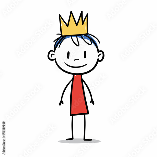 A simple, charming stick figure drawing of a child wearing a golden crown and a red tunic.