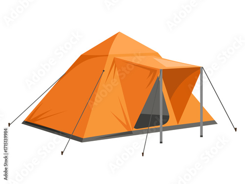 Outdoor orange camping tent with an open entrance, flat graphic style on white background. Concept of adventure, tourism, travel. Vector illustration