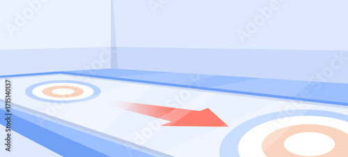 Air hockey table with red arrow and target circles in a flat style on a light blue indoor background. Concept of gaming and competition. Vector illustration