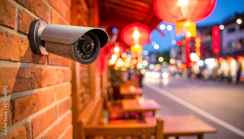 Security camera on a brick wall overlooking a Chinese restaurant at night