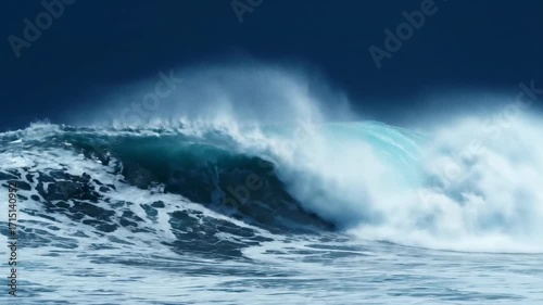 Large Ocean Wave Breaking in Deep Blue Sea with Foam and Spray Aerial Perspective