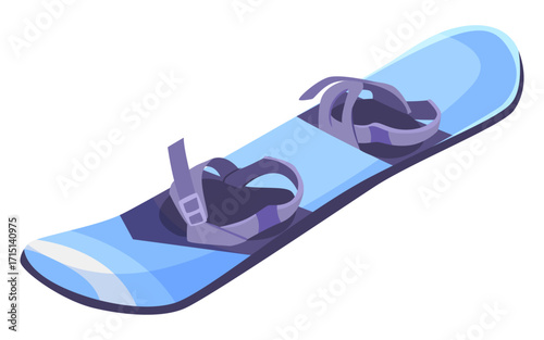 Blue snowboard with purple bindings, flat style, isolated on white background. Concept of winter sports and snowboarding. Vector illustration