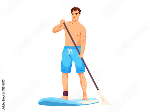 Shirtless man paddleboarding in blue shorts holding paddle, cartoon style on white background. Concept of summer water sport. Vector illustration