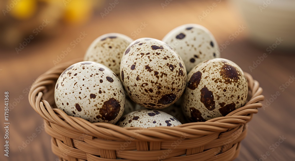 Obraz premium A collection of small, speckled quail eggs fills a textured woven basket, offering a glimpse into a natural and wholesome food source