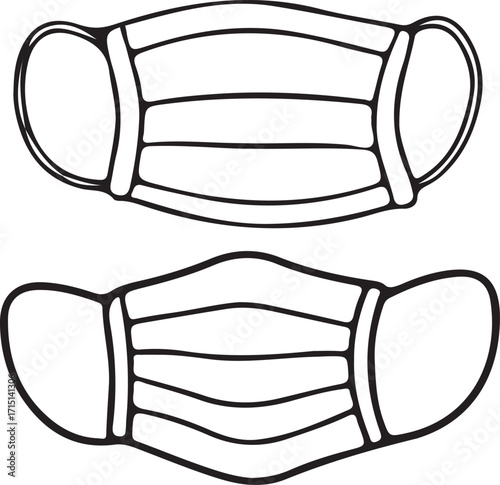 Two black and white line art drawings of medical face masks medical mask surgical mask