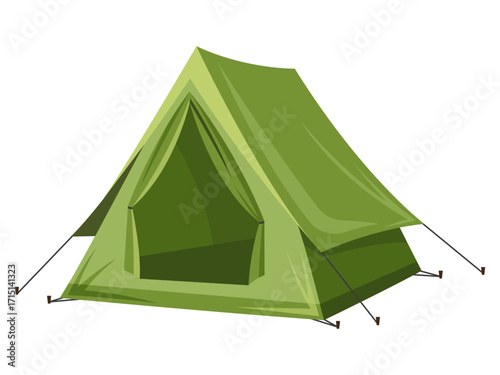 Green camping tent with open front flap shown in cartoon style on a white background. Concept of outdoor adventure and camping life. Vector illustration