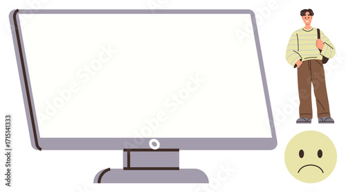 Blank monitor symbolizes disappointment, paired with a sad emotion and a casual young man. Ideal for technology issues, disconnect, frustration, study challenges, online dependence, tech fatigue