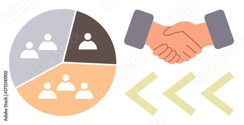 Handshake symbolizing collaboration beside a segmented chart with people icons. Ideal for teamwork, partnership, collaboration, strategy planning, organization, business growth, and networking