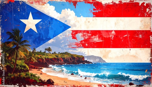 Puerto Rican flag, beach scene, vintage style